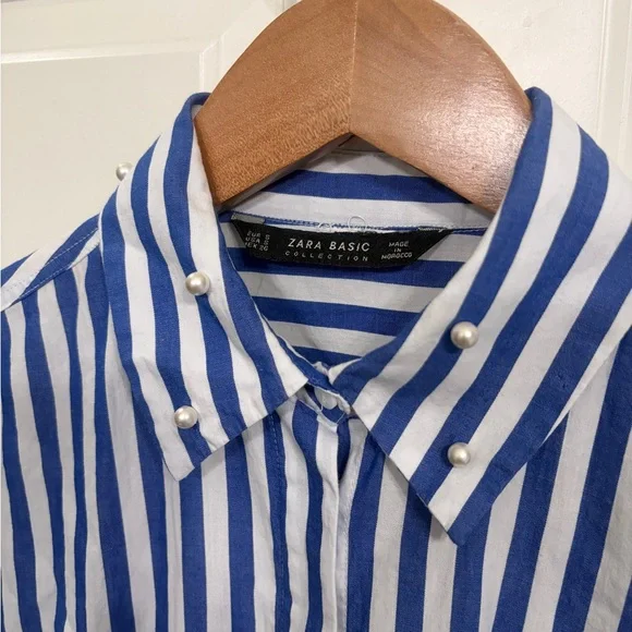 Excellent condition Zara size S blue and white striped button down with pearls - Picture 2 of 11